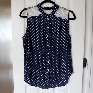 Forever 21 Polka Dot Lace Trim Button Down Tank